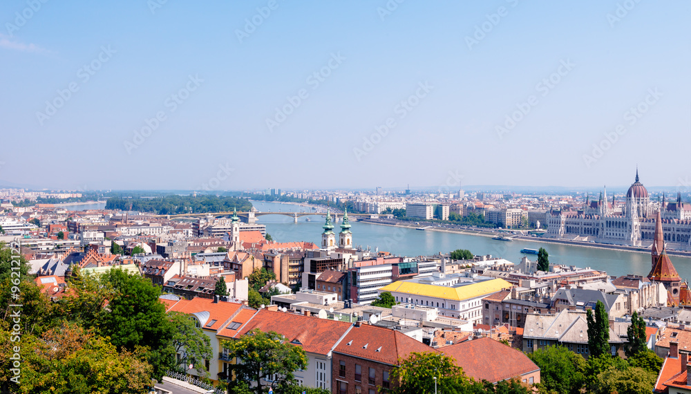  Panoramic view of Budapest  with river Danube and parliament, Hungary