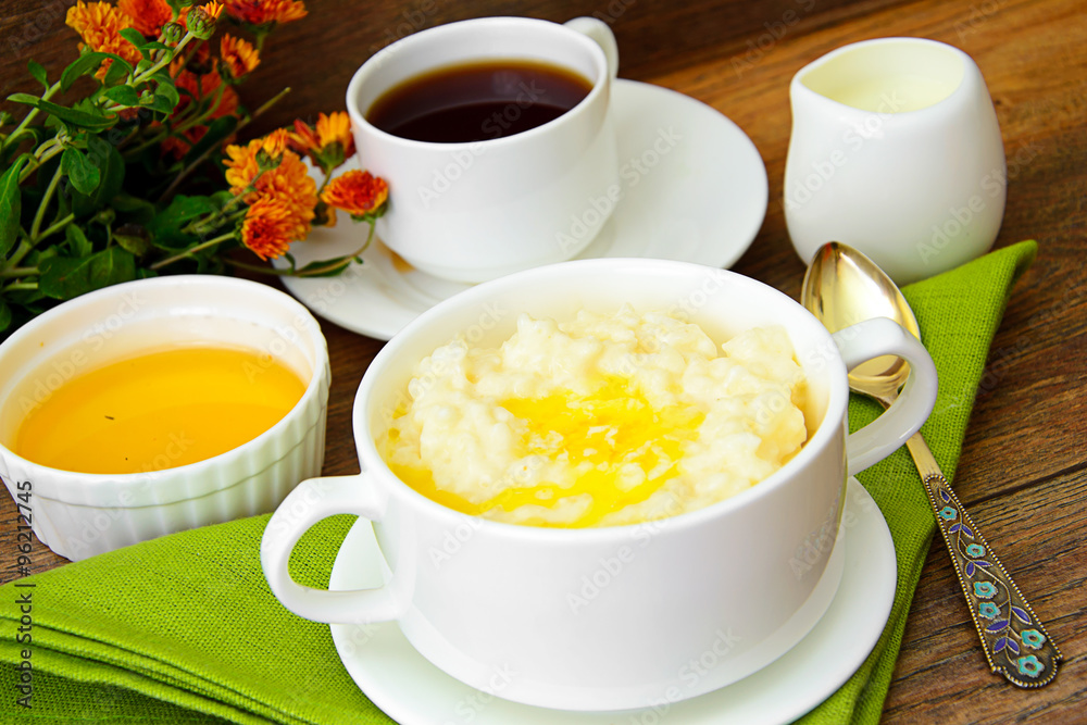 Rice Porridge with Sweet Butter, Jam and Coffee Rice Porridge with Sweet Butter, Jam and Coffee