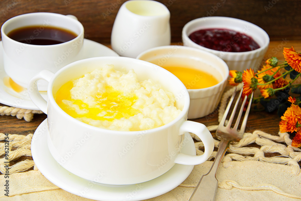 Rice Porridge with Sweet Butter, Jam and Coffee Rice Porridge with Sweet Butter, Jam and Coffee