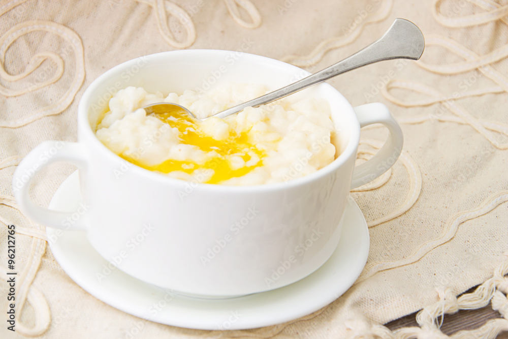 Rice Porridge with Sweet Butter, Jam and Coffee Rice Porridge with Sweet Butter, Jam and Coffee