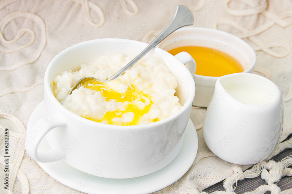 Rice Porridge with Sweet Butter, Jam and Coffee Rice Porridge with Sweet Butter, Jam and Coffee