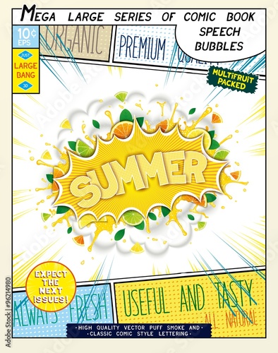Summer. Colorful explosion with fruit, splashes and clouds of smoke with caption in comic style.. 3D realistic pop art speech bubble