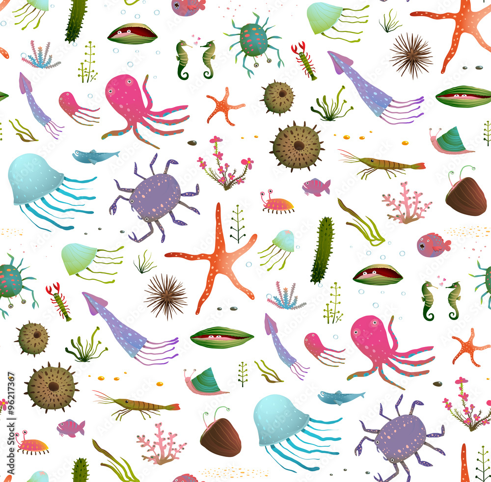 Naklejka premium Colorful Kids Cartoon Sea Life Seamless Pattern Background on White