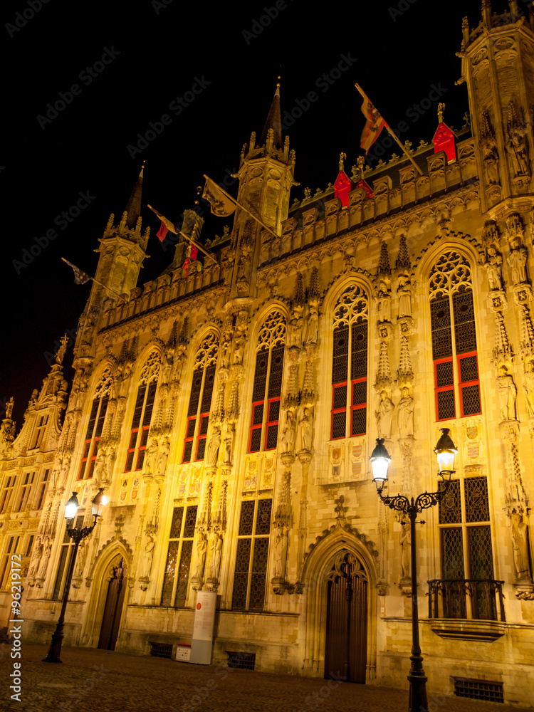 Burg square with the City Hall in Bruges by night