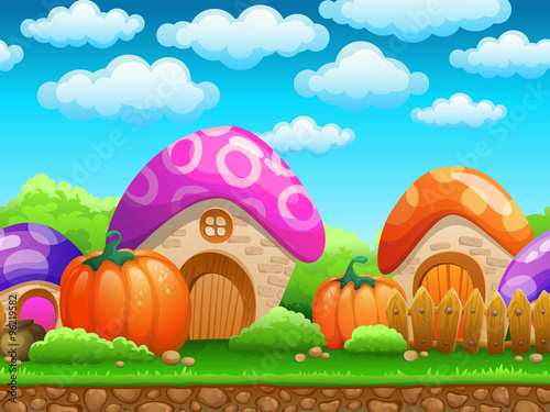 Cartoon fairy tale landscape. Candy land illustration for game design. Funny village.