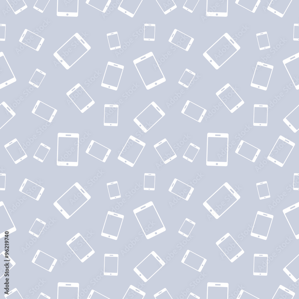Seamless vector pattern, light pastel shadeless chaotic background with white smartphones