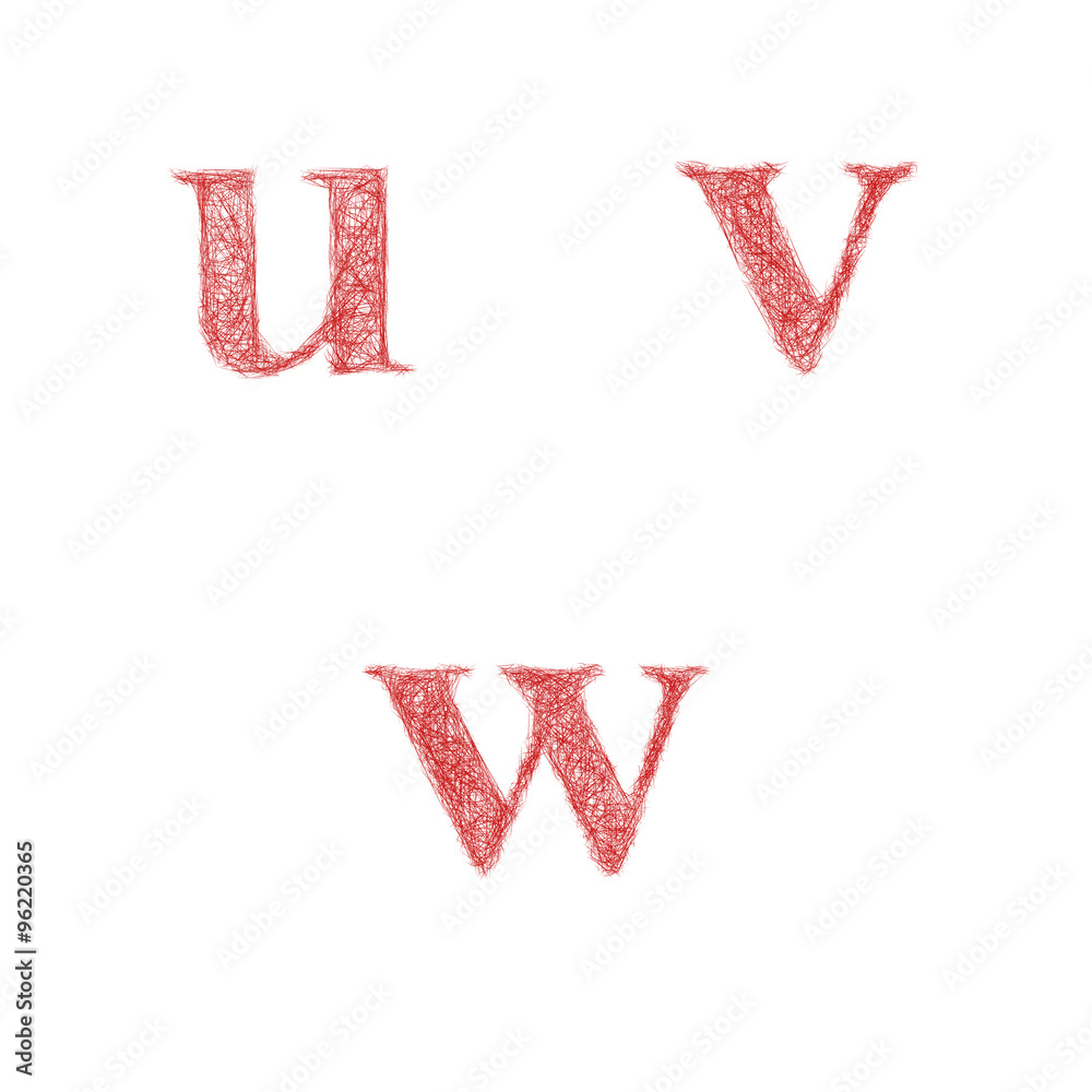 Red sketch font set - lowercase letters u, v, w Red sketch font set - lowercase letters u, v, w