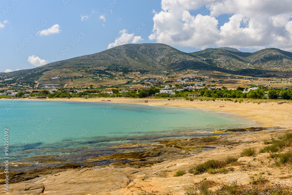 The picturesque coastline of the Greek island of Paros, Golden beach, Paros island, Cyclades, Greece. - obrazy, fototapety, plakaty 