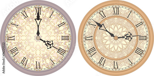 Vector image of a round, old clock with Roman numerals.