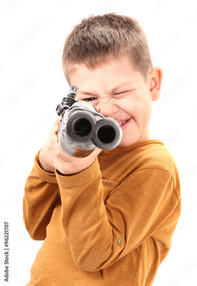 Boy aim with toy gun old rifle Boy aim with toy gun old rifle