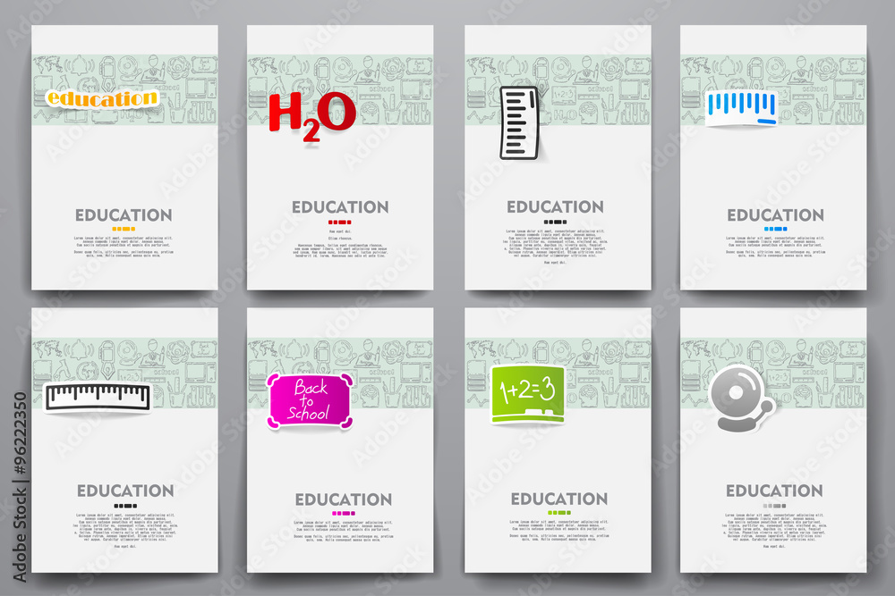 Corporate identity vector templates set with doodles education theme