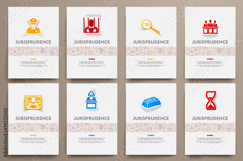 Corporate identity vector templates set with doodles jurisprudence theme