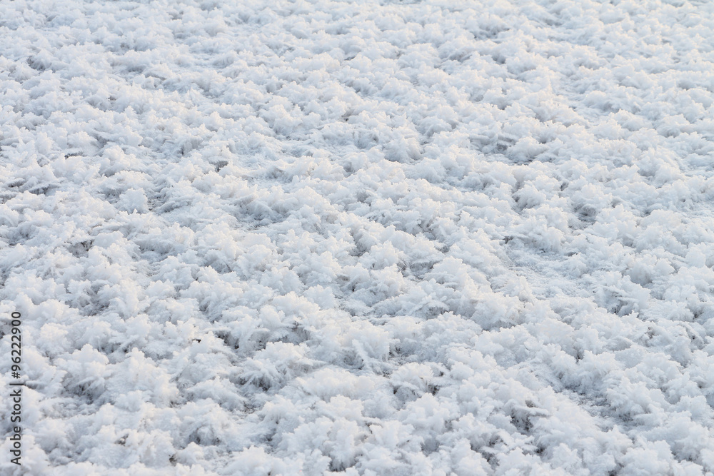 Natural snow background on an ice surface of the frozen river