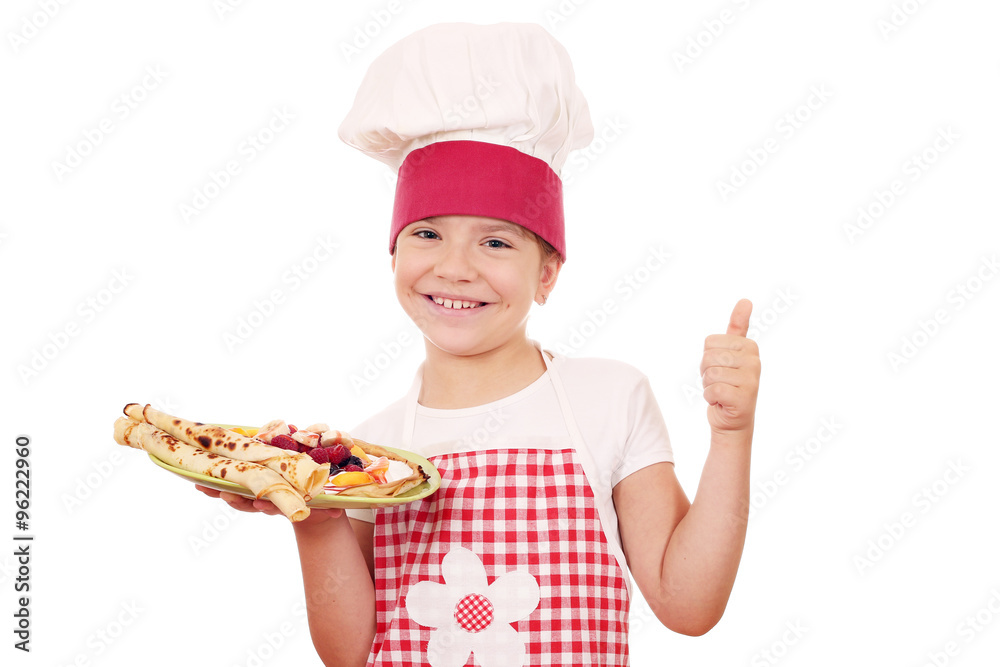 happy little girl cook with crepes and thumb up happy little girl cook with crepes and thumb up