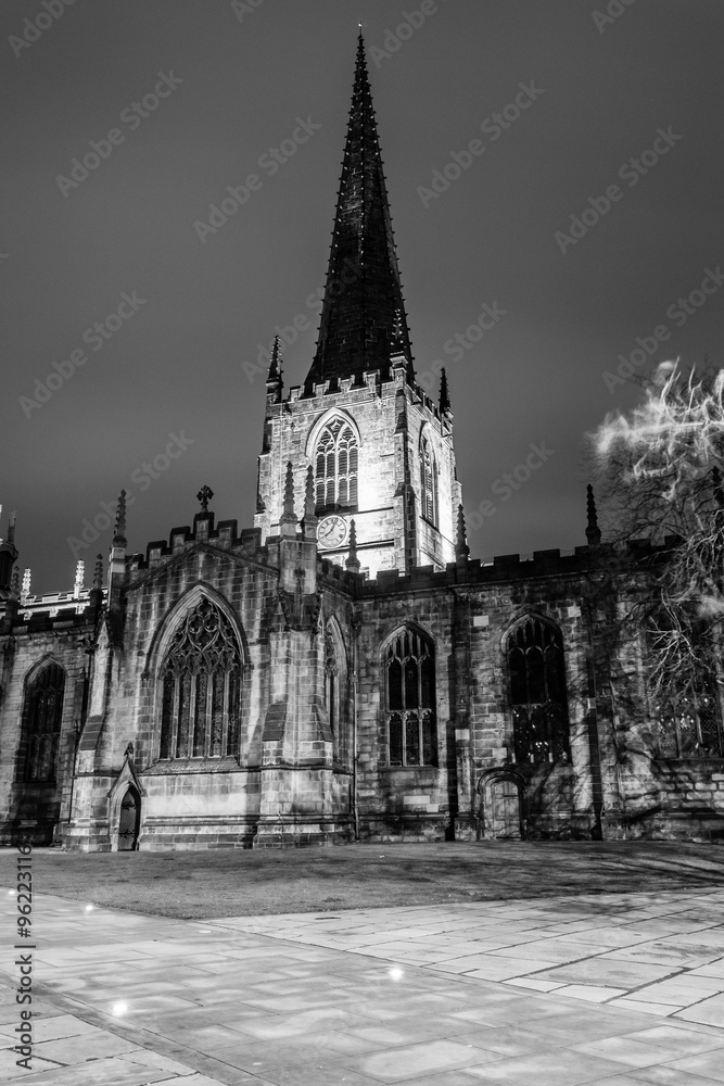 Sheffield Cathedral by night black and white photography