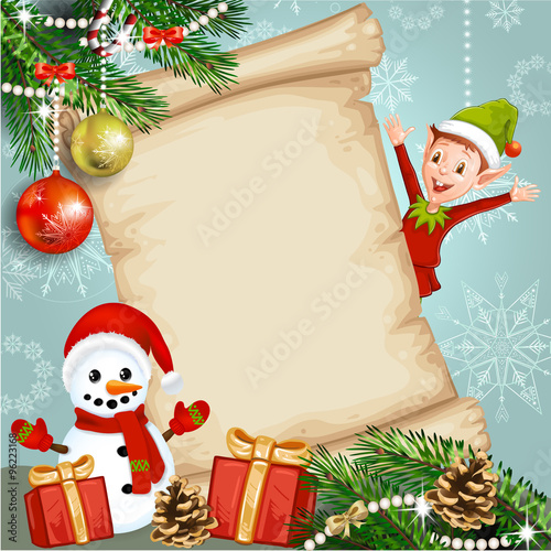 Christmas card with a snowman and elf