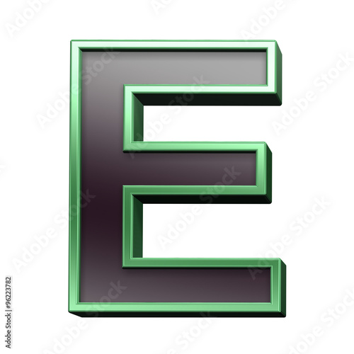 One letter from black with green shiny frame alphabet set, isolated on white. Computer generated 3D photo rendering.