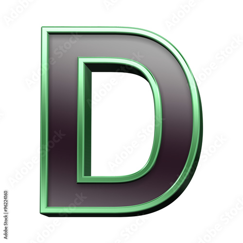 One letter from black with green shiny frame alphabet set, isolated on white. Computer generated 3D photo rendering.