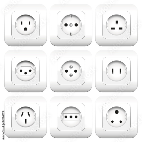 Sockets - different types - worldwide varieties. Isolated vector illustration over white background.
