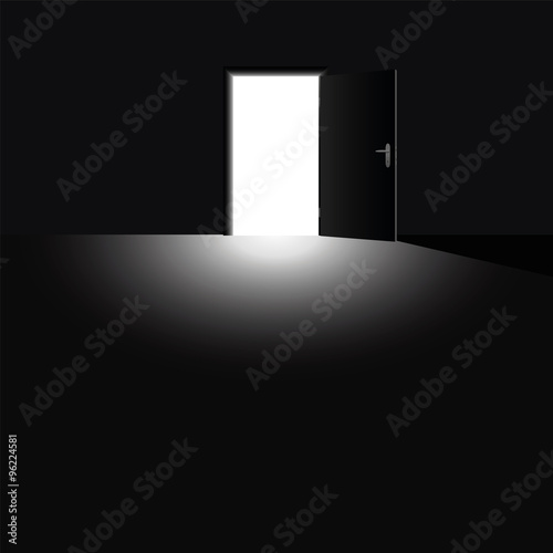 Open door with light coming into the darkness, as a symbol for hope, courage and for taking a chance. Vector illustration.