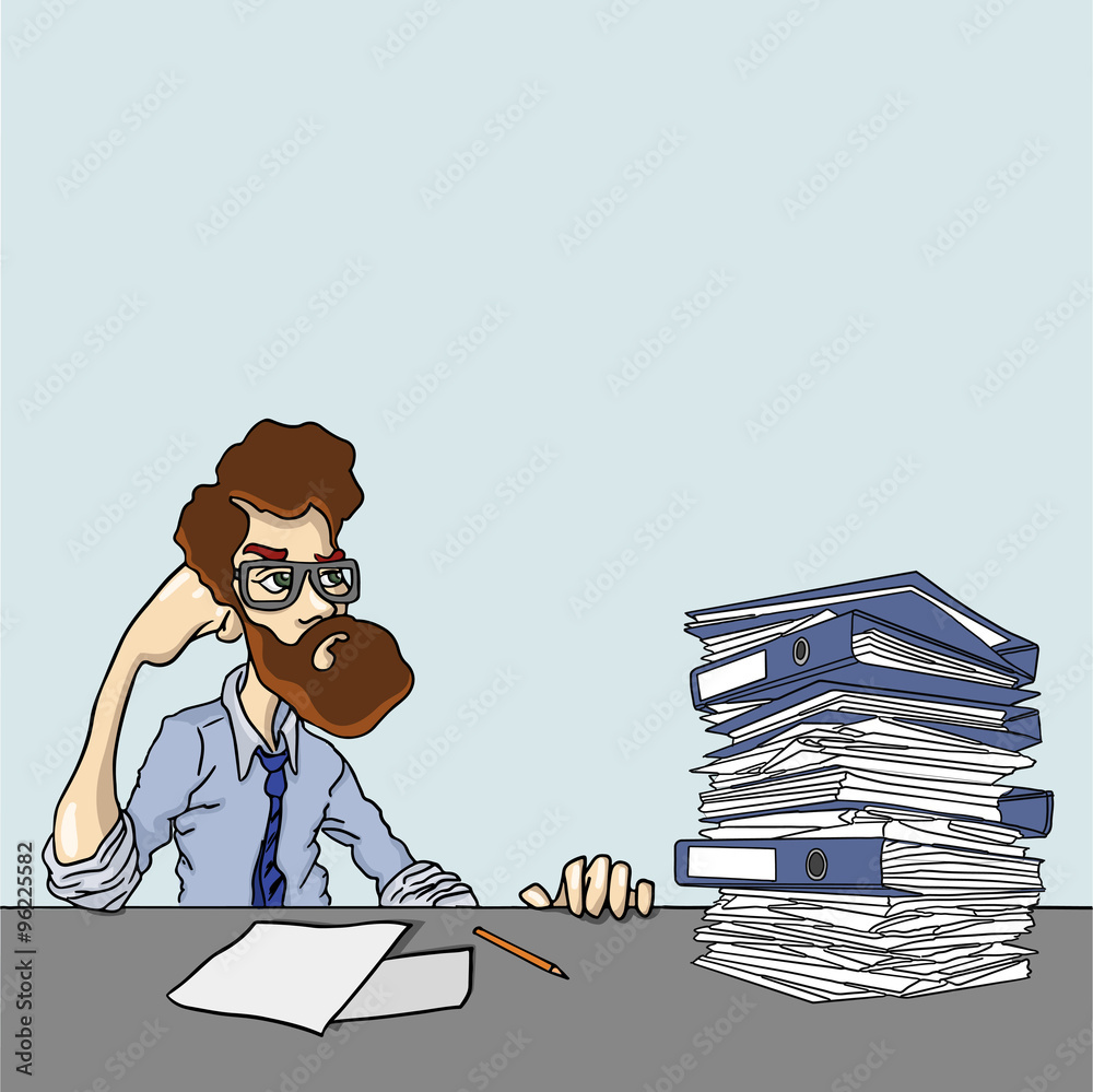 Huge amounts of information are need to explore. People with stack of papers on his table