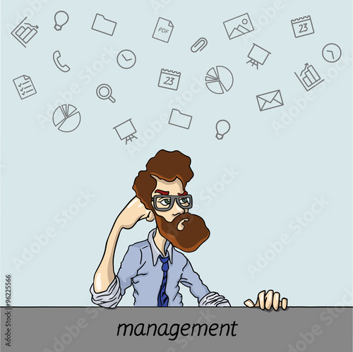 Favorite programs and tools designers. A disgruntled employee at the table  - routine boring work in the office