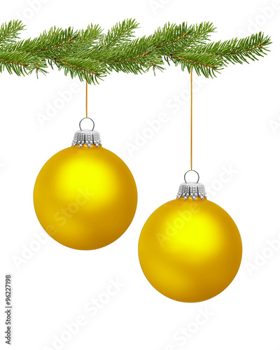 Goldene Christbaumkugeln am Tannenzweig