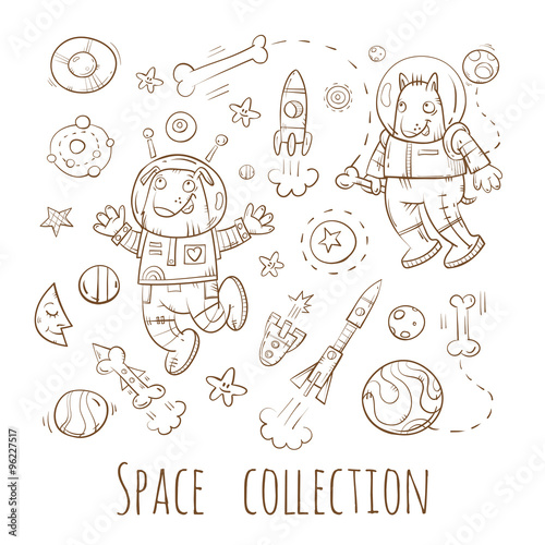Space set. Cartoon dogs  astronauts fly in space. Vector doodle image.