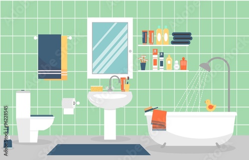 Modern bathroom interior with furniture in flat style. Vector illustration