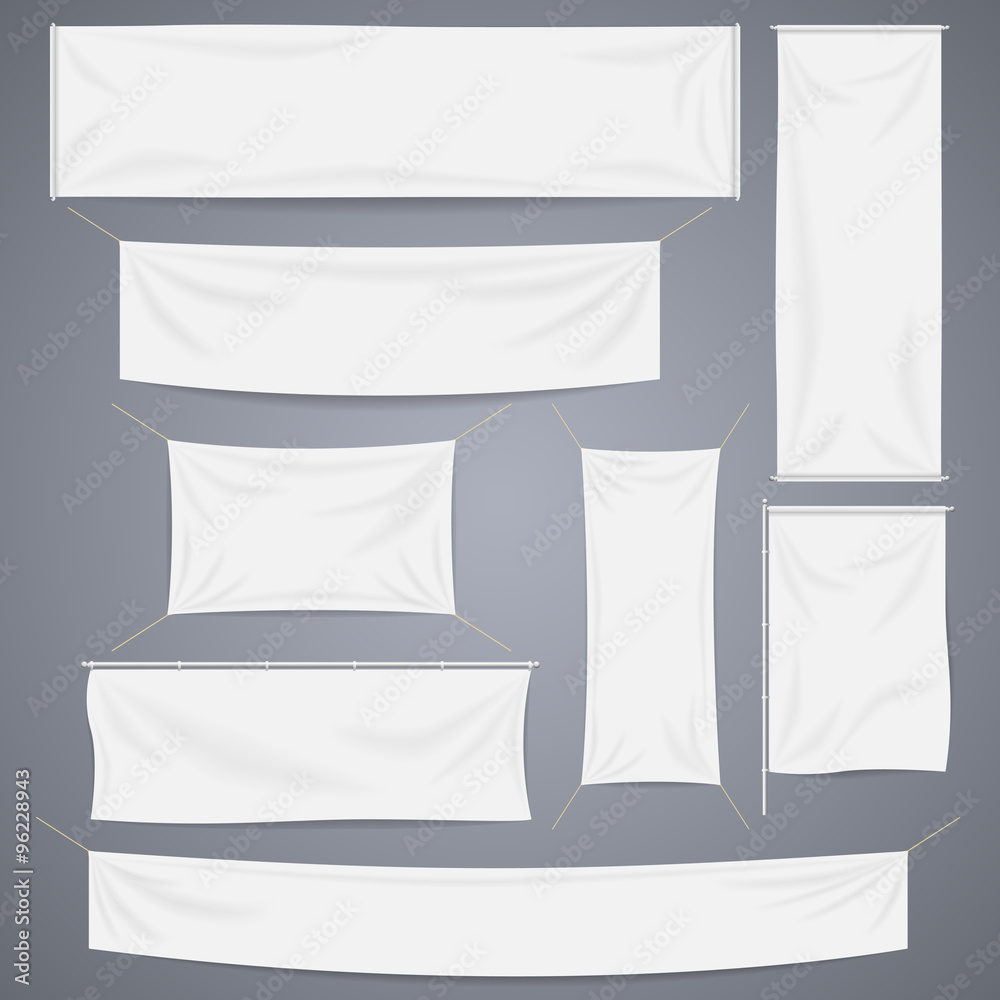 White textile banners with folds vector template set. Separate shadows may be used for any color