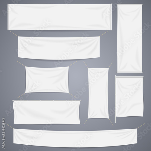 White textile banners with folds vector template set. Separate shadows may be used for any color