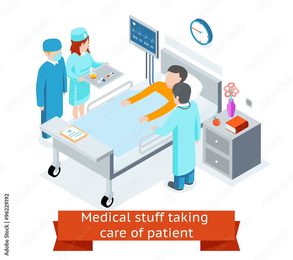 Medical stuff taking care of patient in the hospital ward. 3D isometric vector illustration Medical stuff taking care of patient in the hospital ward. 3D isometric vector illustration
