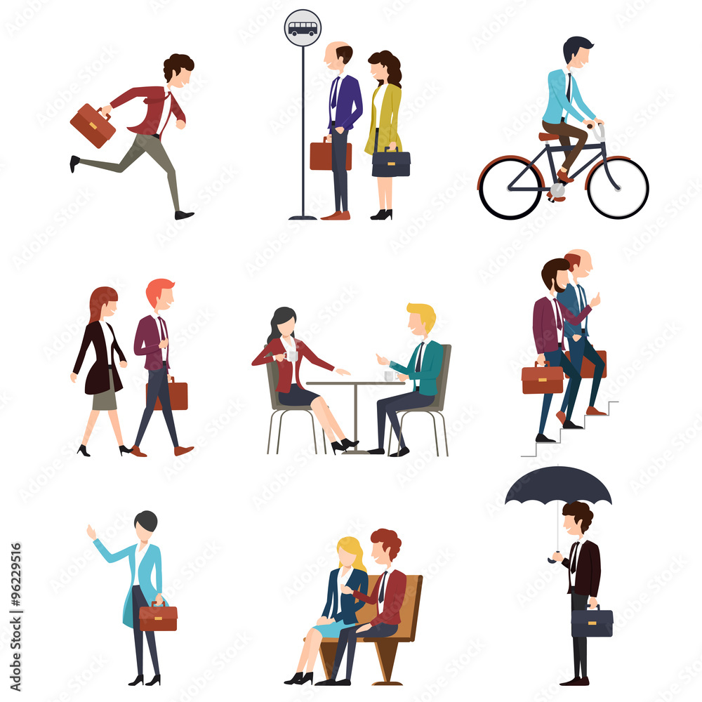 Business people in urban outdoor activity. Vector men and women characters set