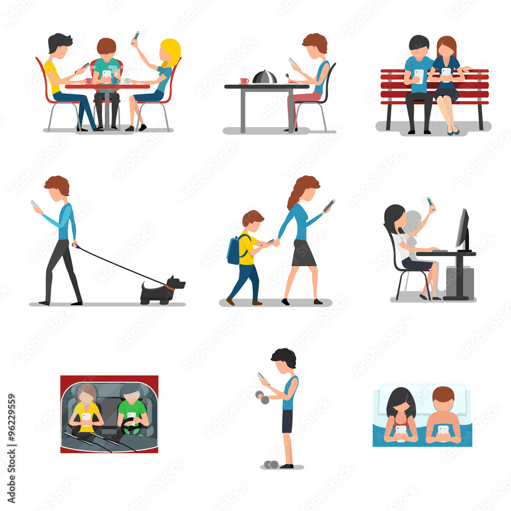 People in different action use smartphone. Vector mobile device, social media and internet addiction concept flat style People in different action use smartphone. Vector mobile device, social media and internet addiction concept flat style