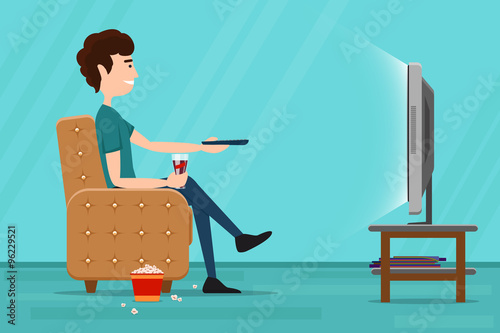 Man watching television on armchair. Vector flat illustration