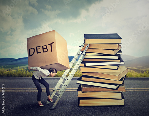 Student loan debt concept. Woman with heavy box debt carrying it up education ladder