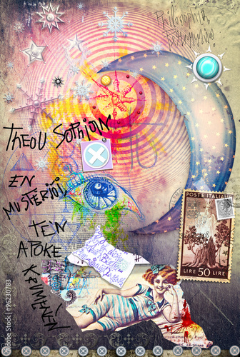 Fotografie Esoteric graffiti with starry moon,scraps and stamps