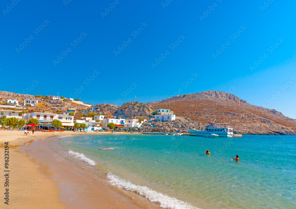the pictorial beach in front of Pserimos village at Pserimos island in Greece