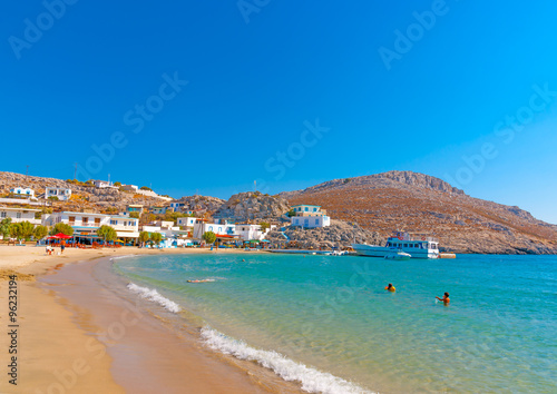 the pictorial beach in front of Pserimos village at Pserimos island in Greece