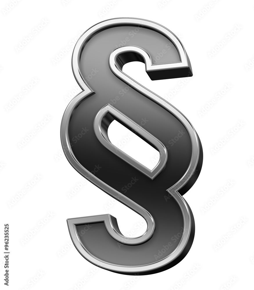 Paragraph sign from black with silver shiny frame alphabet set, isolated on white. Computer generated 3D photo rendering.