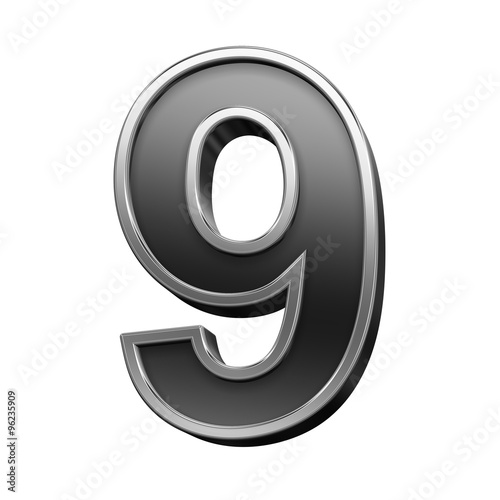 One digit from black with silver shiny frame alphabet set, isolated on white. Computer generated 3D photo rendering.