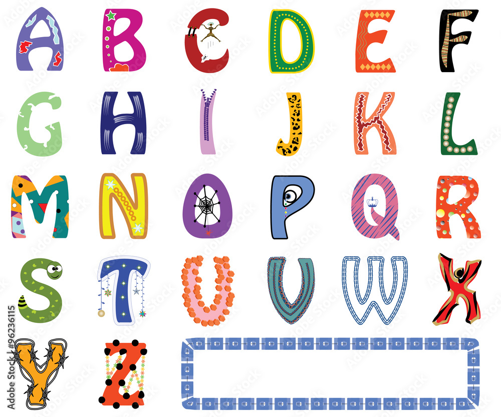 Funny and colorful letter set of English alphabet with different cartoons, shapes, ornaments, font styles for preschool children - Vector and illustration Funny and colorful letter set of English alphabet with different cartoons, shapes, ornaments, font styles for preschool children - Vector and illustration