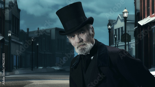 Photography Dickens Scrooge Man in Old Winter Street.
