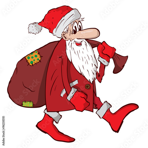 Santa Claus carries a big red bag with gifts.