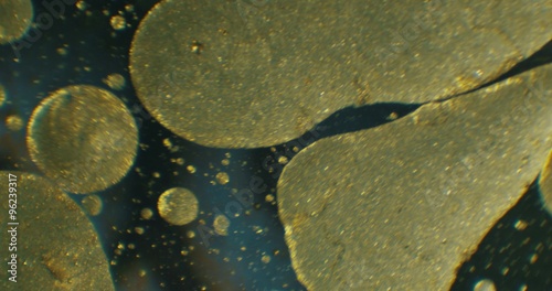 Golden drops floating in oil and water over a colorful underground with oil painting effect. Shot on RED