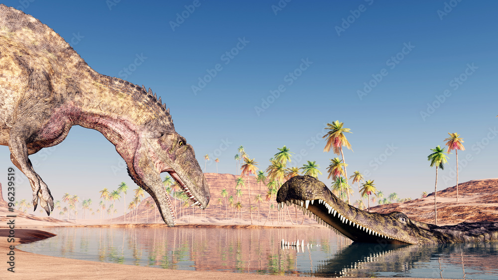 Obraz premium Acrocanthosaurus and Sarcosuchus