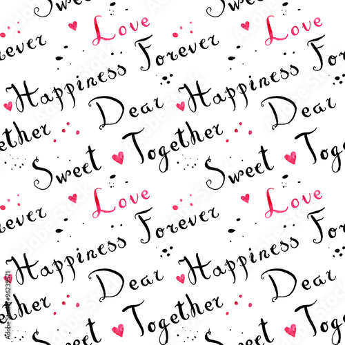 Handwritten vintage ink cursive font pattern with splashes and pink watercolor hearts