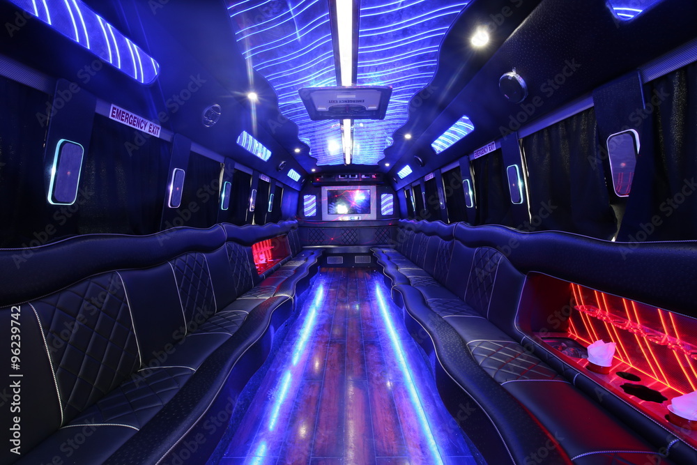 a big party bus fill ed with comfortable seats and shiny bright floor for dancing and having fun - obrazy, fototapety, plakaty 