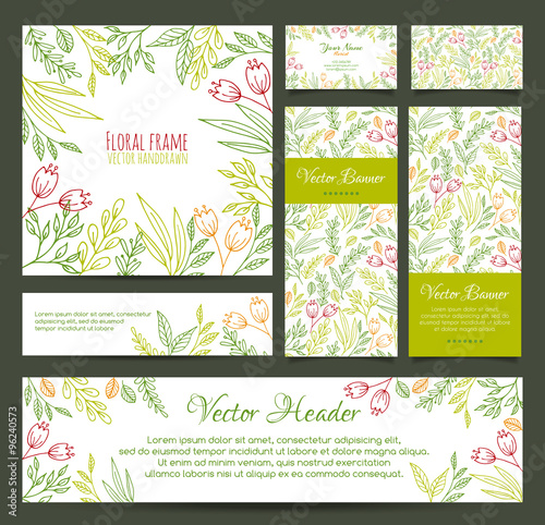 Set of banners, business card, frame, invitations and headers in the same floral line style