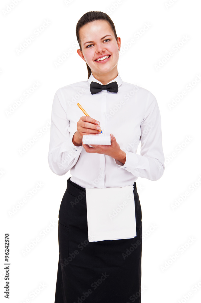 Young woman in waiter uniform writing order over white backgroun Young woman in waiter uniform writing order over white backgroun